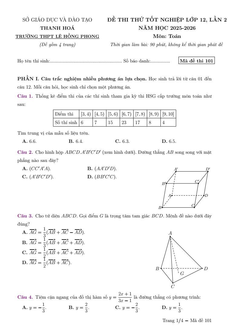 Đề thi thử Toán Tốt nghiệp 2025-2026 trường THPT Lê Hồng Phong (Thanh Hóa)