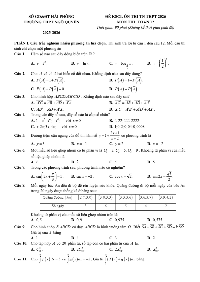 Đề thi thử Toán Tốt nghiệp THPT 2025-2026 trường THPT Ngô Quyền (Hải Phòng)