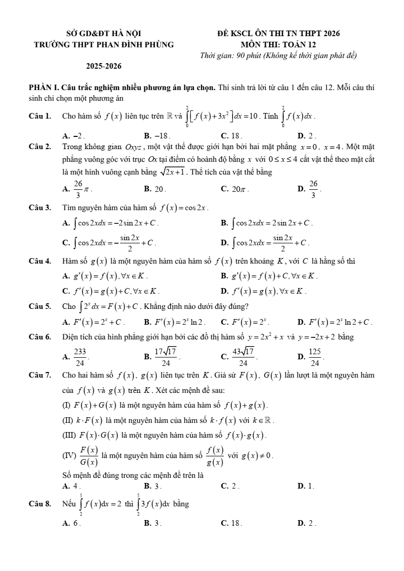 Đề thi thử Toán Tốt nghiệp THPT 2025-2026 trường THPT Phan Đình Phùng (Hà Nội)