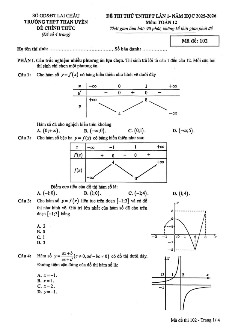 Đề thi thử Toán Tốt nghiệp THPT 2025-2026 trường THPT Than Uyên