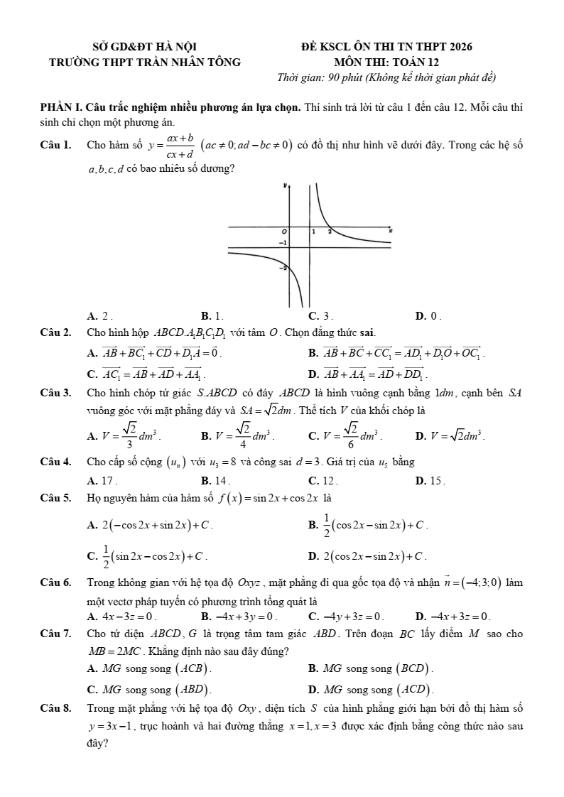 Đề thi thử Toán Tốt nghiệp THPT 2025-2026 trường THPT Trần Nhân Tông (Hà Nội)