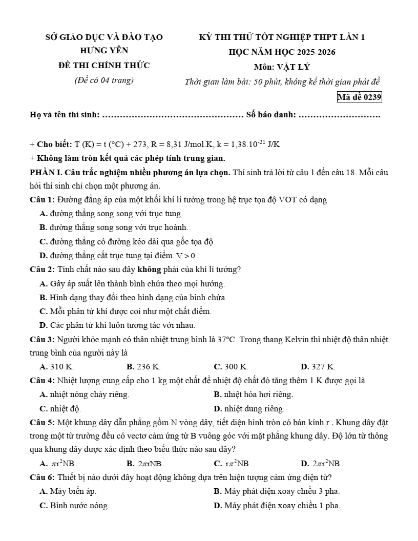 Đề thi thử Vật lí Tốt nghiệp THPT 2025-2026 Sở Hưng Yên