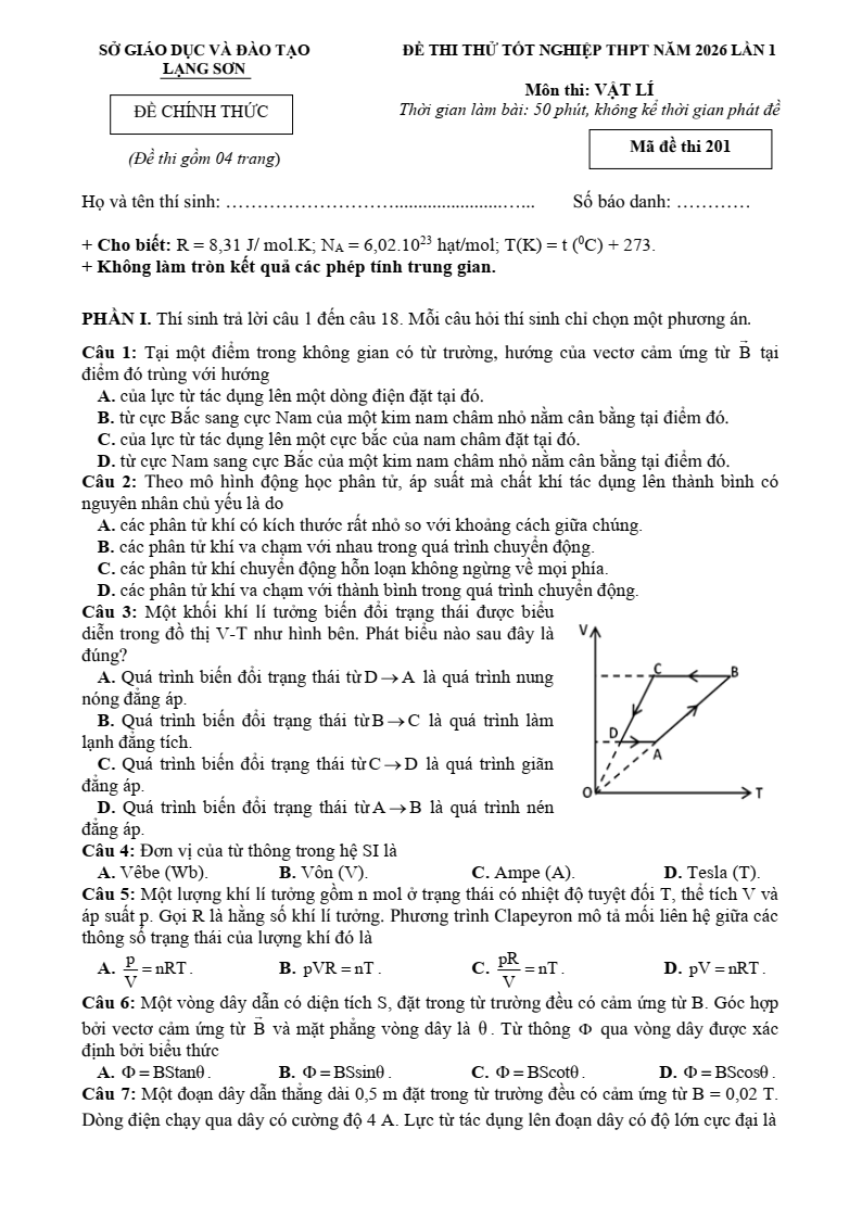 Đề thi thử Vật lí Tốt nghiệp THPT 2025-2026 Sở GD&ĐT Lạng Sơn