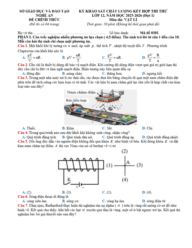 Đề thi thử Vật lí Tốt nghiệp THPT 2025-2026 Sở GD&ĐT Nghệ An