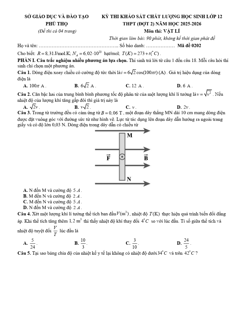 Đề thi thử Vật lí Tốt nghiệp THPT 2025-2026 Sở GD&ĐT Phú Thọ (Lần 2)