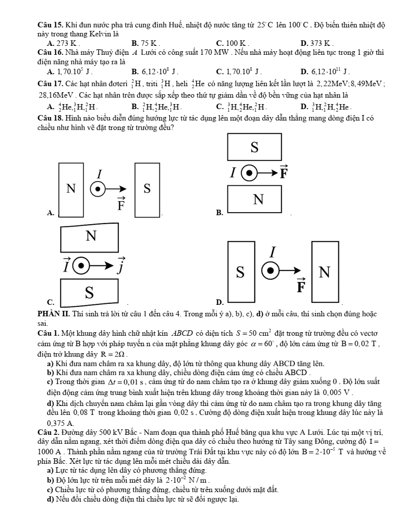 Đề thi thử Vật lí Tốt nghiệp THPT 2025-2026 Sở GD&ĐT TP Huế