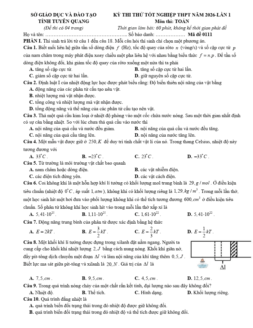 Đề thi thử Vật lí Tốt nghiệp THPT 2025-2026 Sở GD&ĐT Tuyên Quang