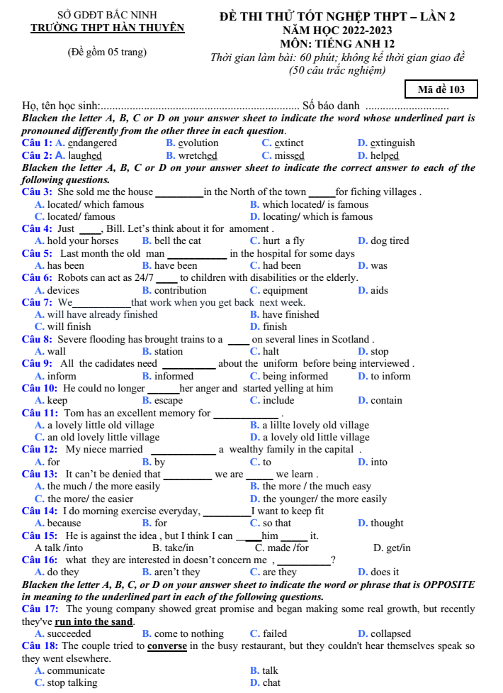 Đề thi thử Tiếng anh 2023 Bắc Ninh | Đề thi thử Tiếng anh tốt nghiệp THPT