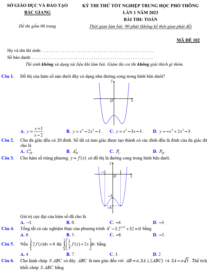 Đề thi thử Toán 2023 Bắc Giang | Đề thi thử Toán tốt nghiệp THPT