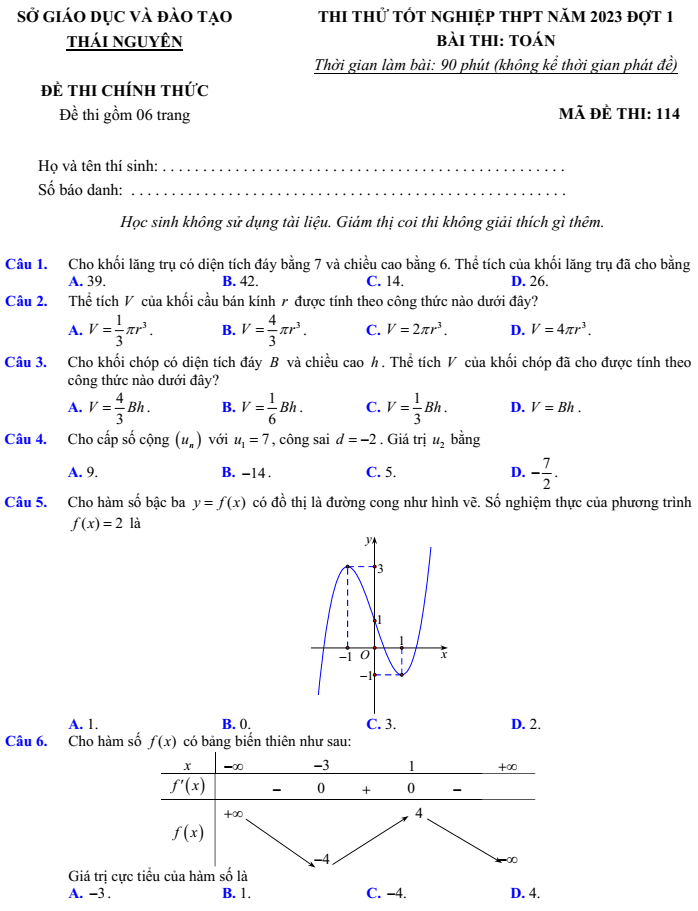 Đề thi thử Toán 2023 Thái Nguyên | Đề thi thử Toán tốt nghiệp THPT
