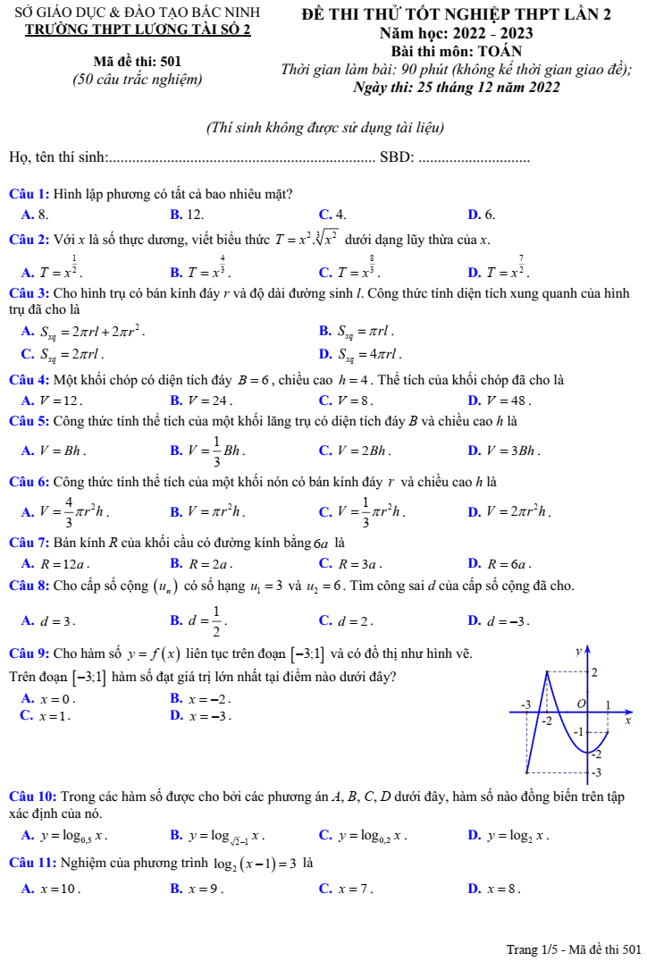 Đề thi thử Toán 2023 Bắc Ninh | Đề thi thử Toán tốt nghiệp THPT