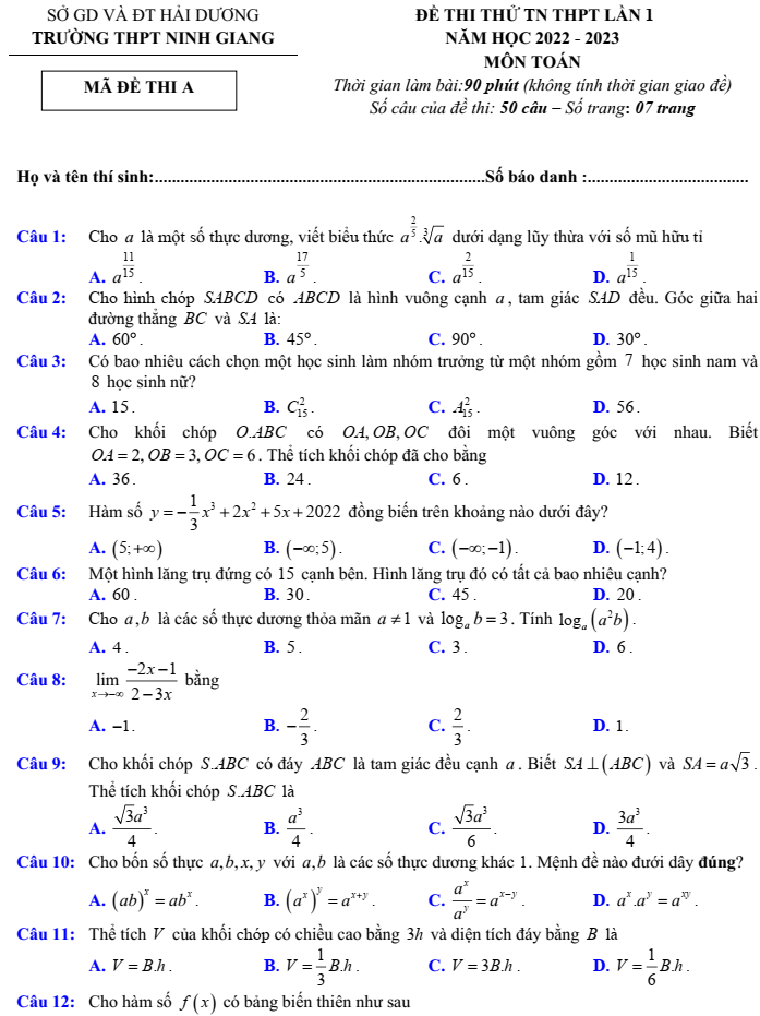 Đề thi thử Toán 2023 Hải Dương | Đề thi thử Toán tốt nghiệp THPT