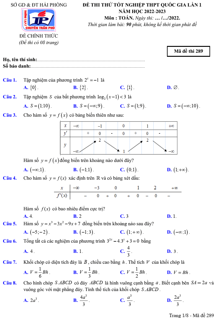 Đề thi thử Toán 2023 Hải Phòng | Đề thi thử Toán tốt nghiệp THPT