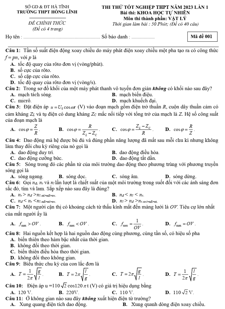 Đề thi thử Vật lí 2023 Hà Tĩnh | Đề thi thử Vật lí tốt nghiệp THPT