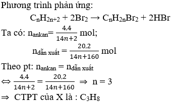 C<sub>3</sub>H<sub>8</sub> + 2Br<sub>2</sub> → C<sub>3</sub>H<sub>6</sub>Br<sub>2</sub> + 2HBr | C3H8 ra C3H6Br2