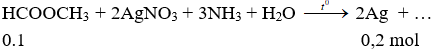 HCOOCH<sub>3</sub>  + 2AgNO<sub>3</sub> + 3NH<sub>3</sub> + H<sub>2</sub>O → 2Ag  + 2NH<sub>4</sub>NO<sub>3</sub> + NH<sub>4</sub>OCOOCH<sub>3</sub> | HCOOCH3 ra Ag | AgNO3 ra Ag | HCOOCH3 ra NH4OCOOCH3