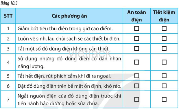 Điền dấu v vào các ô trong Bảng 10.3 để xác định các giải pháp giúp tiếth