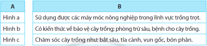 Nối hình ảnh minh họa công việc (cột A) với những kiến thức, kĩ năng cần thiết để thực hiện công việc