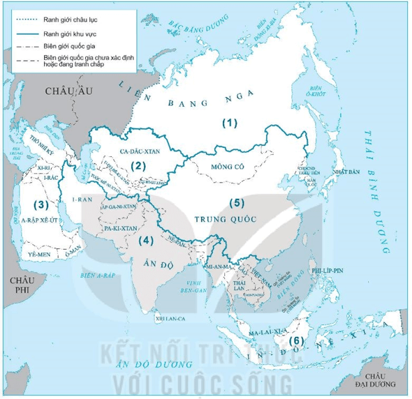 Xác định tên của các khu vực của châu Á được đánh số trên bản đồ