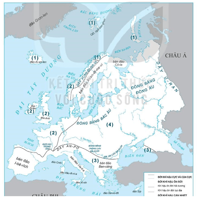 Điền chú giải cho lược đồ các đới và kiểu khí hậu ở châu Âu dưới đây