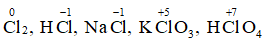 Cho các chất sau: Cl2, HCl, NaCl, KClO3, HClO4