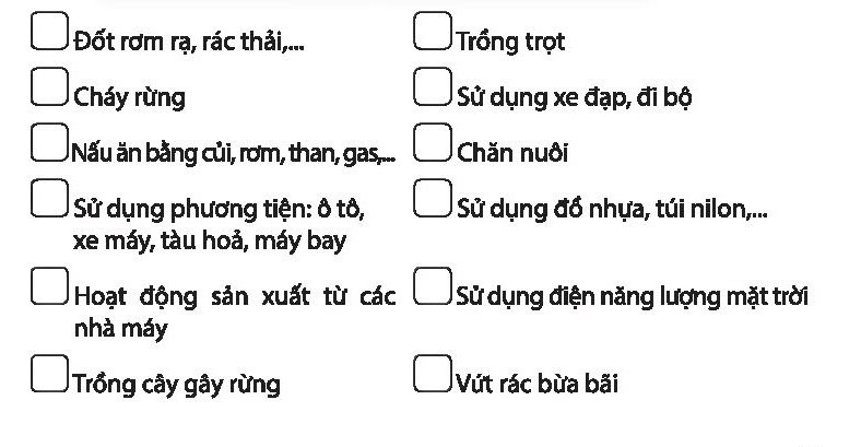 Đánh dấu X trước những hoạt động là nguyên nhân gây ra hiệu ứng nhà kính