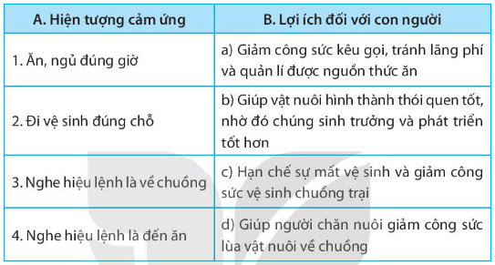 Ghép các hiện tượng cảm ứng của vật nuôi (ở cột A) với lợi ích đối với con người