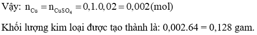 Cho một chiếc đinh sắt vào 20 ml dung dịch CuSO4 0,1 M Sau khi phản ứng kết thúc 