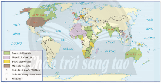 Tô màu các đế quốc Anh, Pháp, Đức, Mỹ và thuộc địa của các nước đó vào đầu thế kỉ XX 