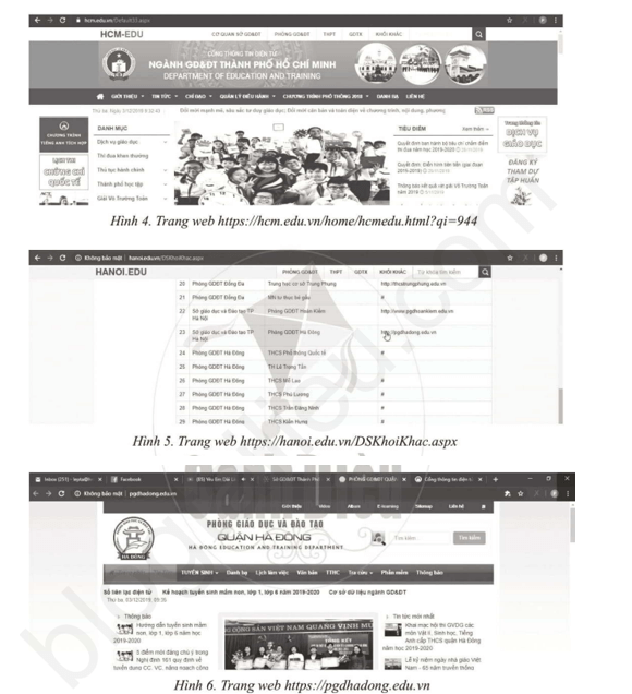 Em hãy quan sát các Hình 3, 4, 5, 6 với các địa chỉ trang web tương ứng
