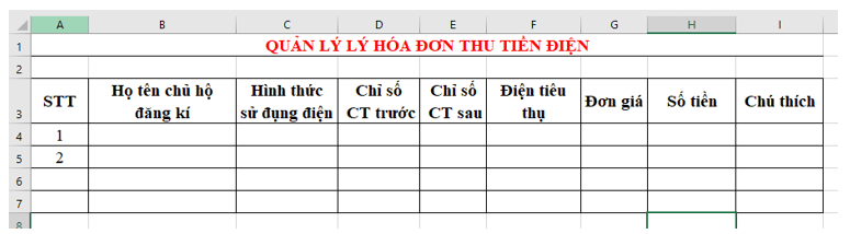 Hãy tạo tệp Excel để đáp ứng được các yêu cầu quản lý được mô tả trong nội dung dưới đây