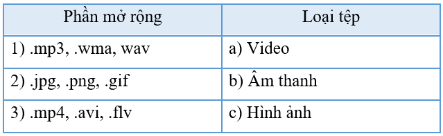 Ghép mỗi phần mở rộng ở cột bên trái với một loại tệp tương ứng ở cột bên phải