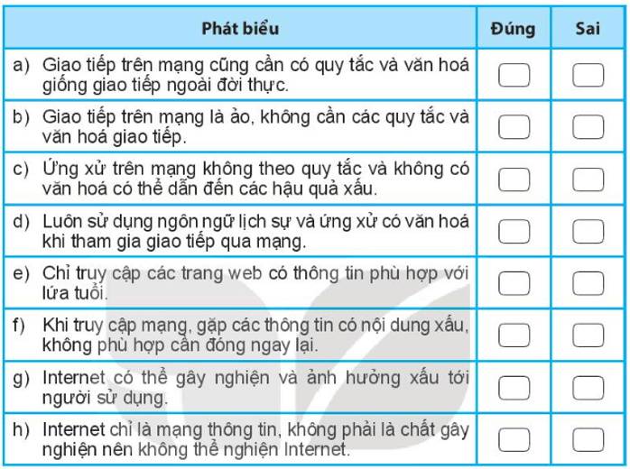 Đánh dấu X vào cột Đúng Sai tương ứng trang 16 SBT tin học lớp 7