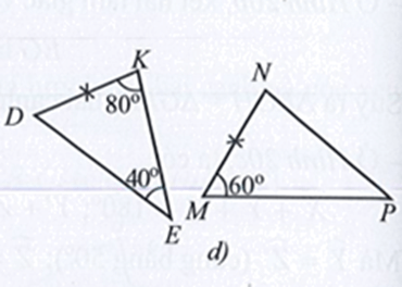 Nêu thêm một điều kiện để hai tam giác trong mỗi hình 22a, 22b, 22c, 22d là hai tam giác