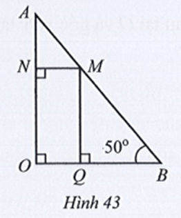 Quan sát Hình 43, biết góc MNO bằng AOB bằng góc BQM bằng 90 độ, góc ABO bằng 50 độ