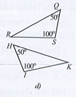 Nêu thêm một điều kiện để hai tam giác trong mỗi hình 31a, 31b, 31c, 31d là hai tam giác 