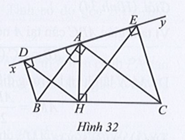 Cho Hình 32 có góc BAC = 90 độ, AH vuông góc với BC tại H, góc xAB = góc BAH, Ay là tia đối của tia Ax
