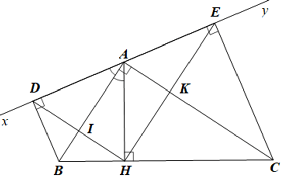 Cho Hình 32 có góc BAC = 90 độ, AH vuông góc với BC tại H, góc xAB = góc BAH, Ay là tia đối của tia Ax