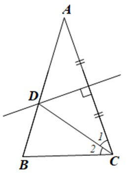 Cho tam giác ABC cân tại A. Đường trung trực của đoạn thẳng AC cắt cạnh AB tại D