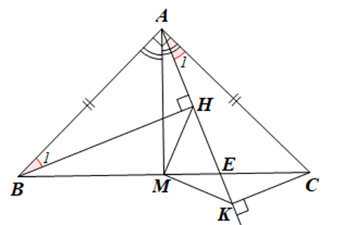 Cho tam giác ABC vuông cân ở A có đường phân giác AM. Gọi E là điểm nằm giữa B và C
