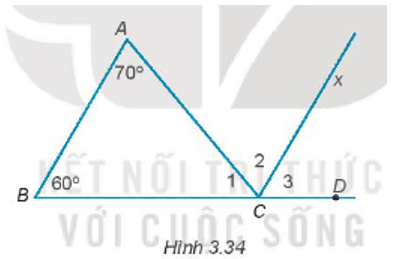 Cho Hình 3.34. Biết AB // Cx, ∠A = 70°;∠B = 60°