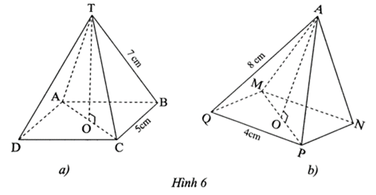 Hãy cho biết tên các mặt bên, mặt đáy, đường cao và độ dài cạnh bên, cạnh đáy của mỗi hình chóp tứ giác đều ở Hình 6