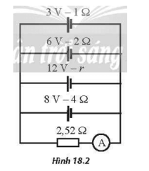 Cho mạch điện như Hình 18.2. Biết ampe kế lí tưởng A chỉ 1,92 A