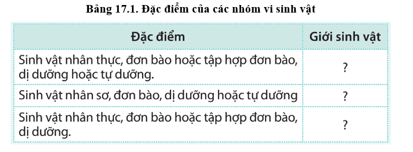 Cho biết vi sinh vật có nhóm đặc điểm liệt kê ở bảng 17.1