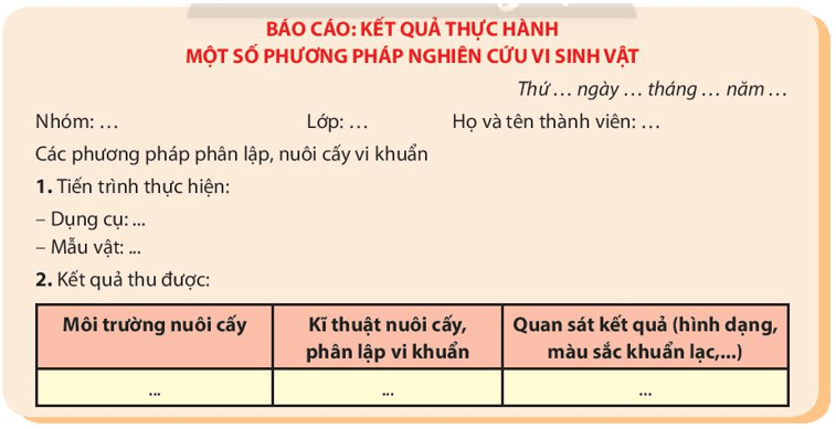 Sinh 10 Chân trời sáng tạo Bài 23: Thực hành: Một số phương pháp nghiên cứu vi sinh vật | Giải Sinh học 10