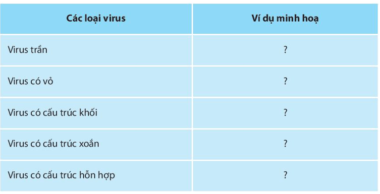 Tìm ví dụ minh họa cho các loại virus theo nội dung bảng sau: