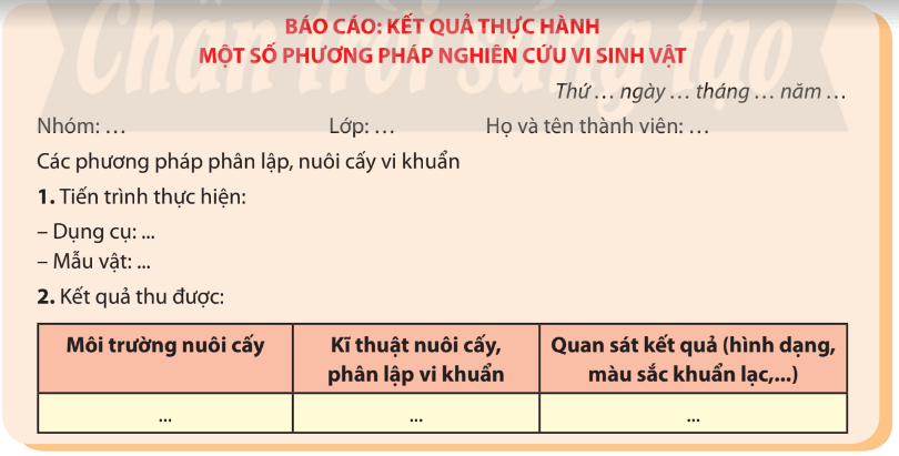 Lý thuyết Sinh 10 Chân trời sáng tạo Bài 23: Thực hành: Một số phương pháp nghiên cứu vi sinh vật