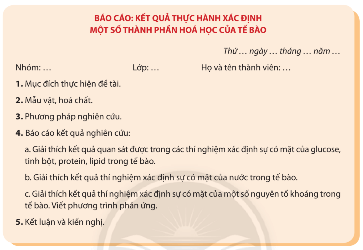 Lý thuyết Sinh 10 Chân trời sáng tạo Bài 7: Thực hành: Xác định một số thành phần hóa học của tế bào