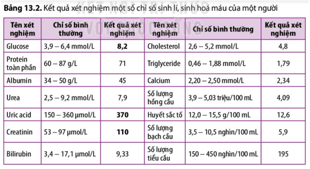 Những chỉ số sinh lí sinh hóa máu nào ở Bảng 13.2 là bình thường không bình thường?