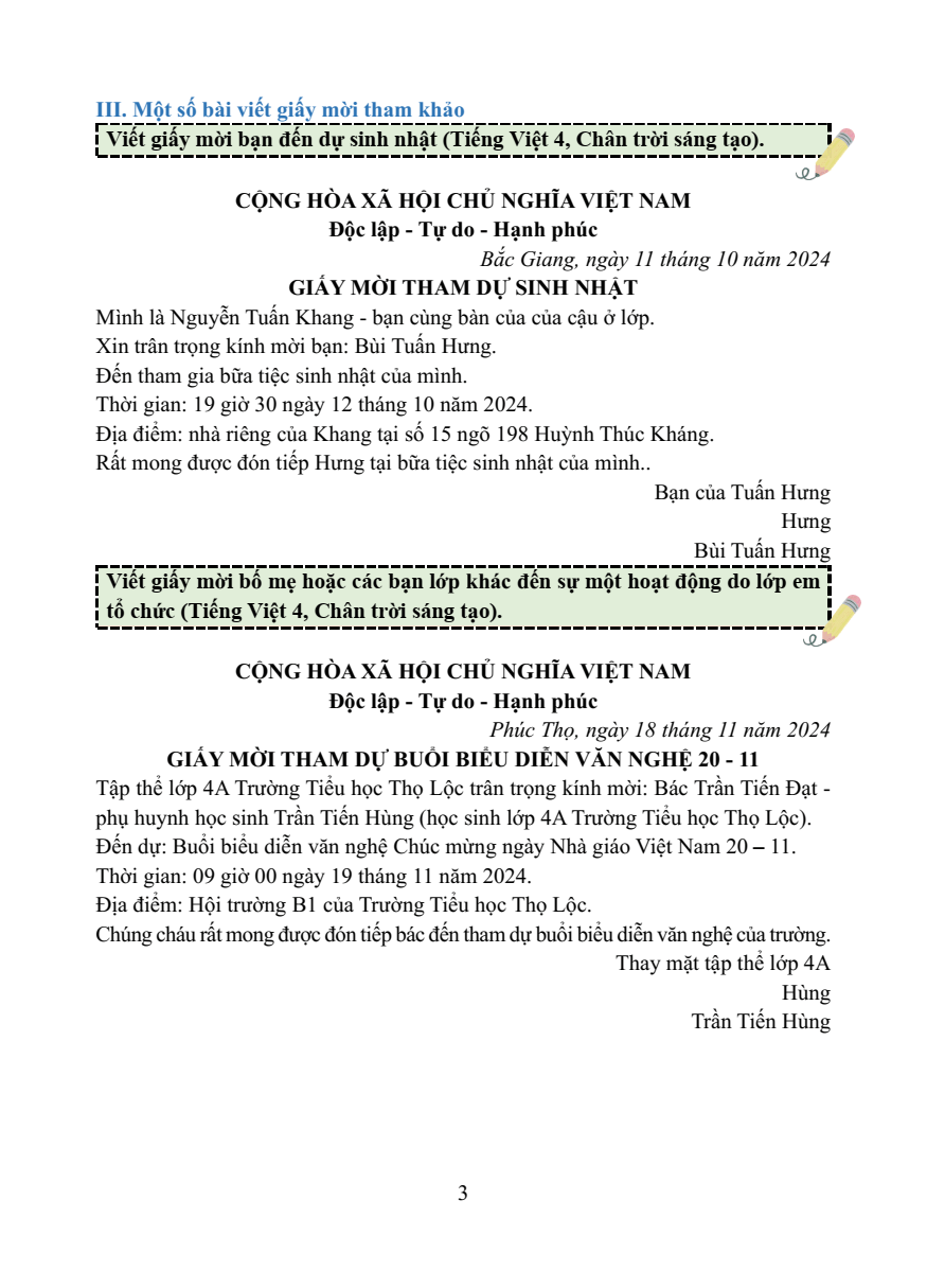 Chuyên đề Viết giấy mời lớp 4